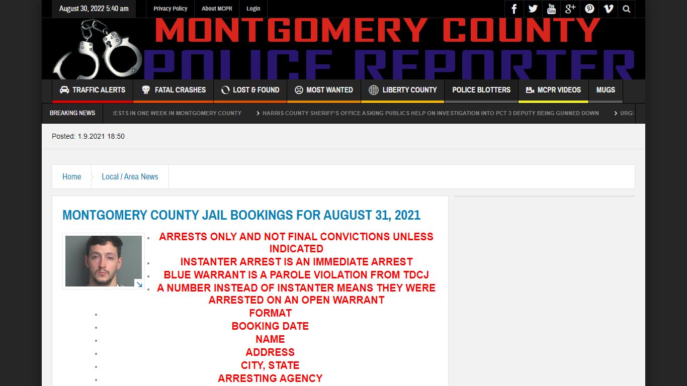 MONTGOMERY COUNTY JAIL BOOKINGS FOR AUGUST 31, 2021